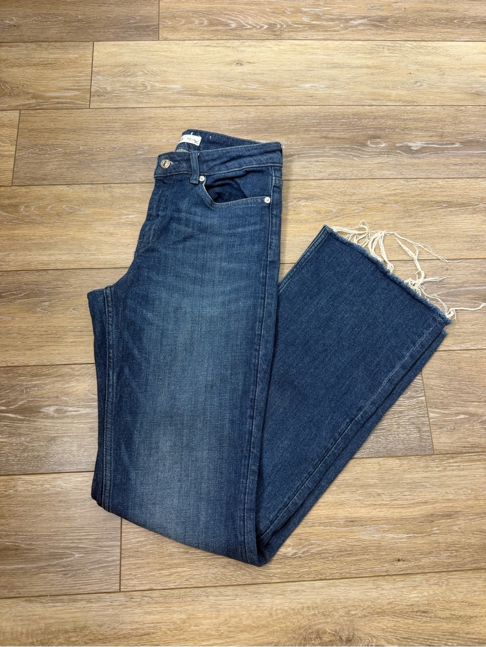 Mango Fiona Dark Blue Flare Jeans with Frayed Hem Sz 6